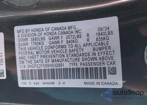 2025 Honda Civic Sport из США, поврежденный, VIN 2HGFE2F59SH532891